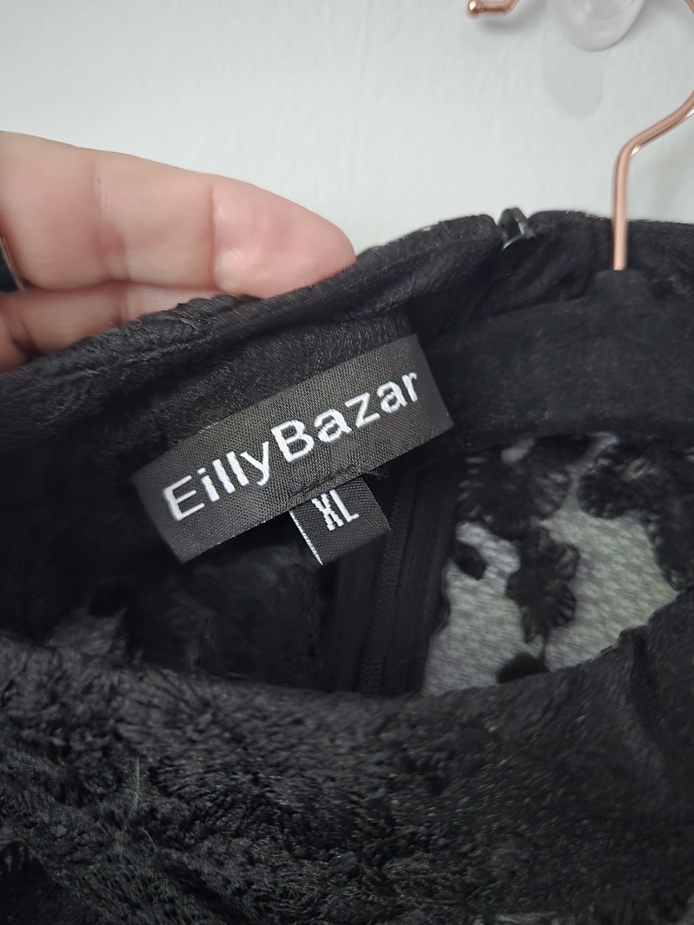 EillyBazar Black Floral Lace Sheer Long Sleeve Peplum Top Mock Neck Romantic XL - Picture 6 of 8